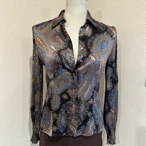 Oscar De La Renta petite brown and blue silk paisley long sleeve top. - Picture 1 of 8